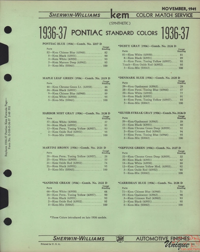 1936 Pontiac Paint Charts Williams 5